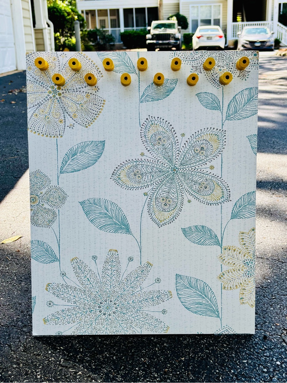 Jewelry Display, Floral Pattern Yellow Hook Panel in Teal and Gold.